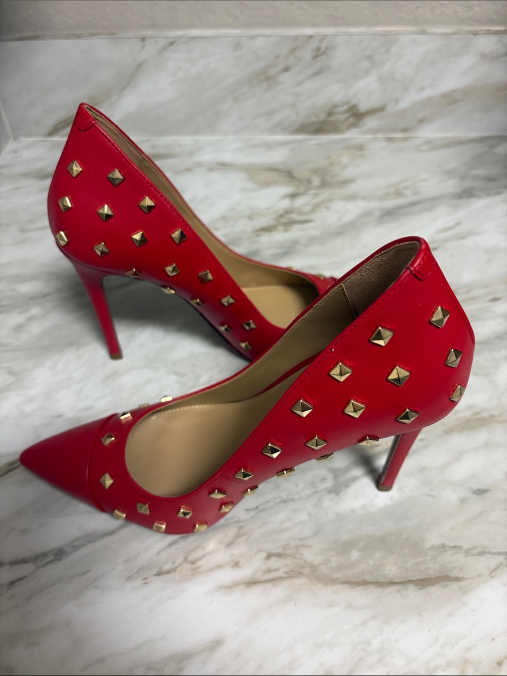 Michael Kors Red Leather Studded Pointed Pumps - Picture 4 of 8